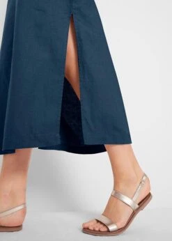 Robe Longue Avec Lin Majoritaire, Motif Ajouré Au Décolleté Et Fentes Latérales -Venus Mode Winkel 20073797 i25lpwUW