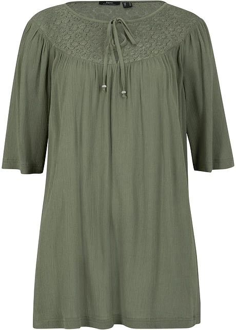 Longue Tunique En Viscose Aspect Froissé, Manches 1/2 3 Longue Tunique En Viscose Aspect Froissé, Manches 1/2