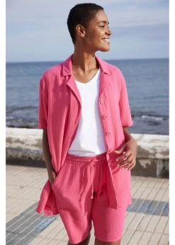 Chemise Longue En Gaze De Coton Avec Patte De Boutonnage, Manches Courtes -Venus Mode Winkel 23046785 hMA2iFXx