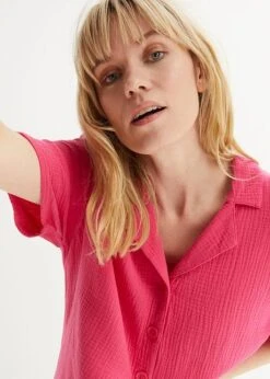 Chemise Longue En Gaze De Coton Avec Patte De Boutonnage, Manches Courtes -Venus Mode Winkel 23050037 2uOJc3Dg