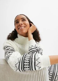 Robe En Maille Motif Norvégien, Manches Ballon, Longueur Genou -Venus Mode Winkel 23163718 S9n2751G